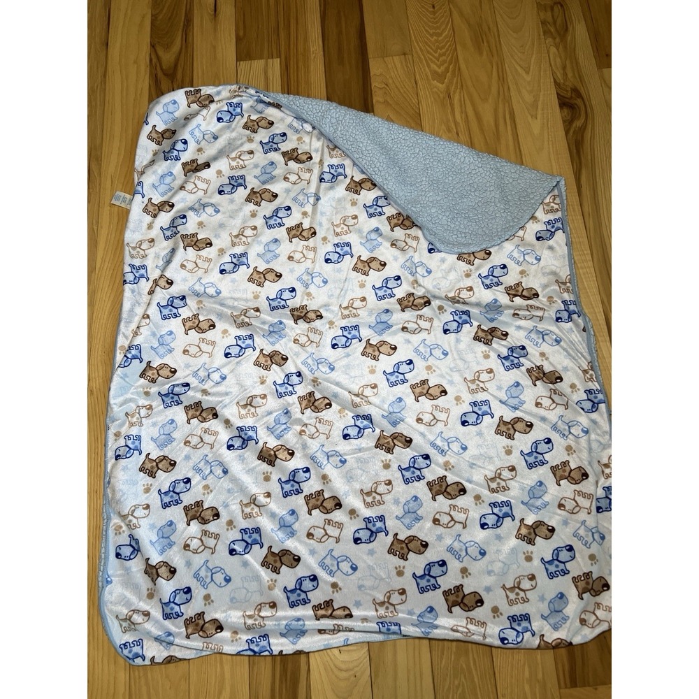 Kidgets White Blue Brown Puppy‎ Dog Baby Boy Blanket Sherpa on Back RARE